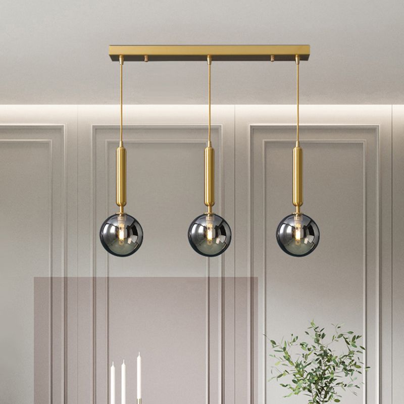 3 Lights Dining Room Multi Ceiling Light Postmodern Brass Pendant with Ball Glass Shade