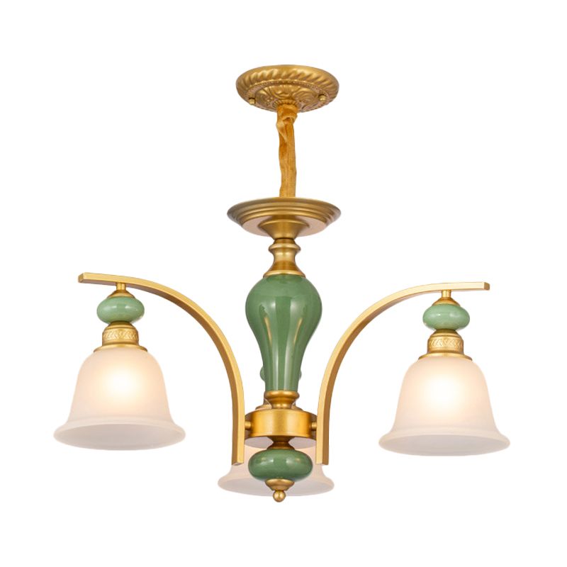 Opal Glass Gold Pendant Light Fixture Bell 5/6/8 Lights Rustic Style Chandelier Lighting with Curved Arm