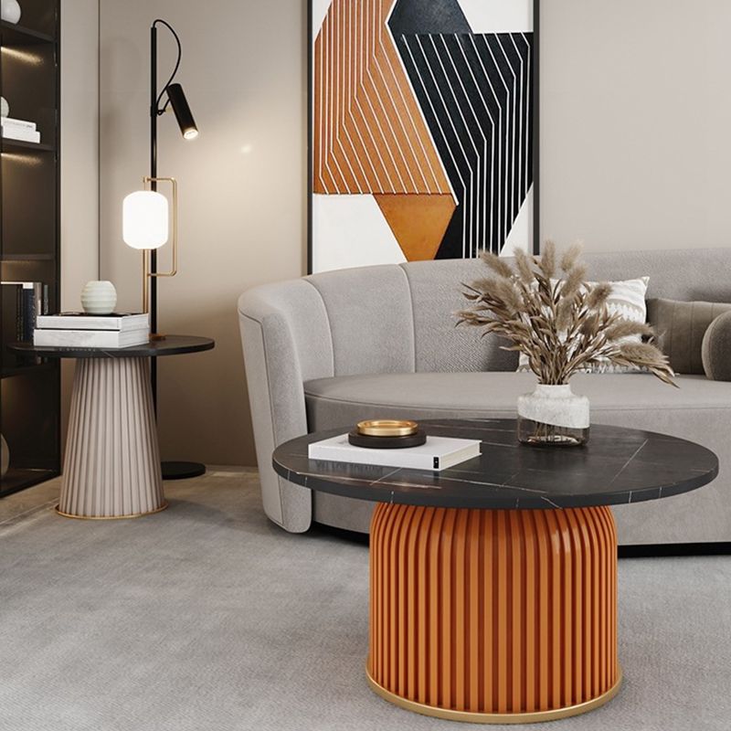 Modern Slate Solid Coffee Table Iron Round Cocktail Table in White/Black