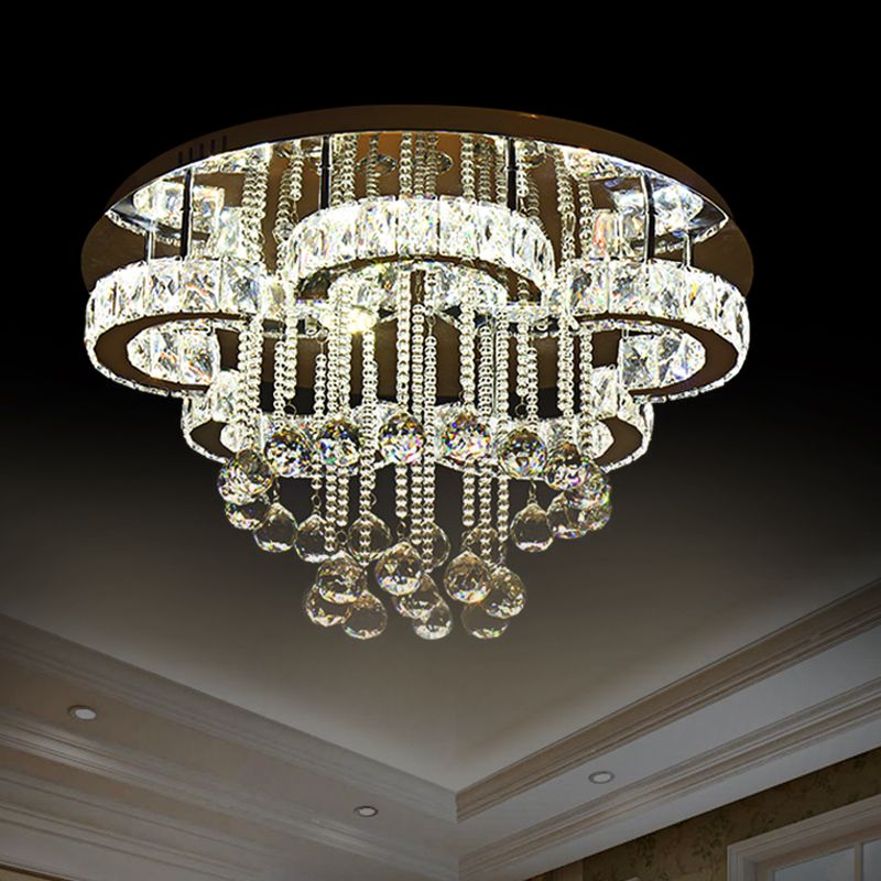 Beveled Crystal Flower Ceiling Lighting Simple LED Semi Flush Mount with Droplet in Chrome