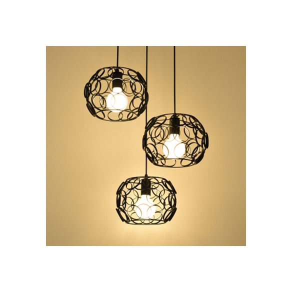 3 Lampenlampen Anhängerlampe Retro Drum Shade Metall Suspension Licht mit Drahtrahmen und Kreisen in Schwarz