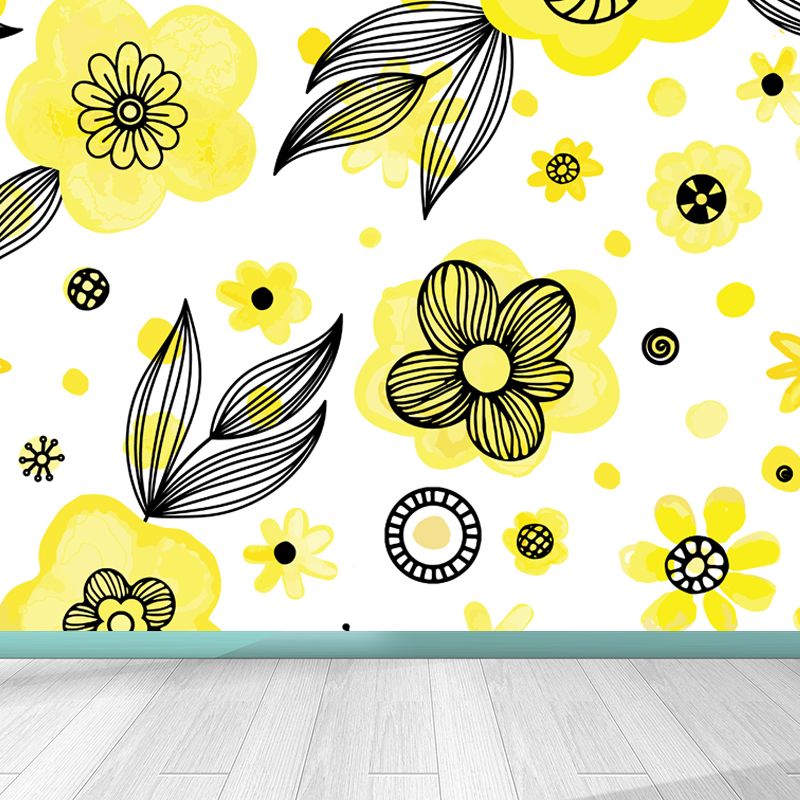 Flower and Leaf Print Mural Modern Waterproof Girls Bedroom Wall Art, Custom Size