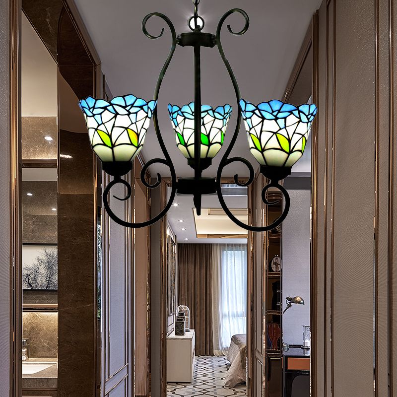 Flared Pendant Lighting Rustic Stained Glass 3-Light Flower Chandelier Light in Blue for Living Room