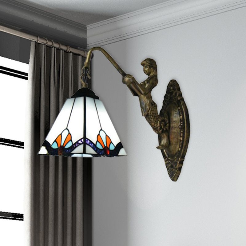 Pyramid White Glass Wall Light Fixture Tiffany 1 Head Antique Bronze Sconce Lighting