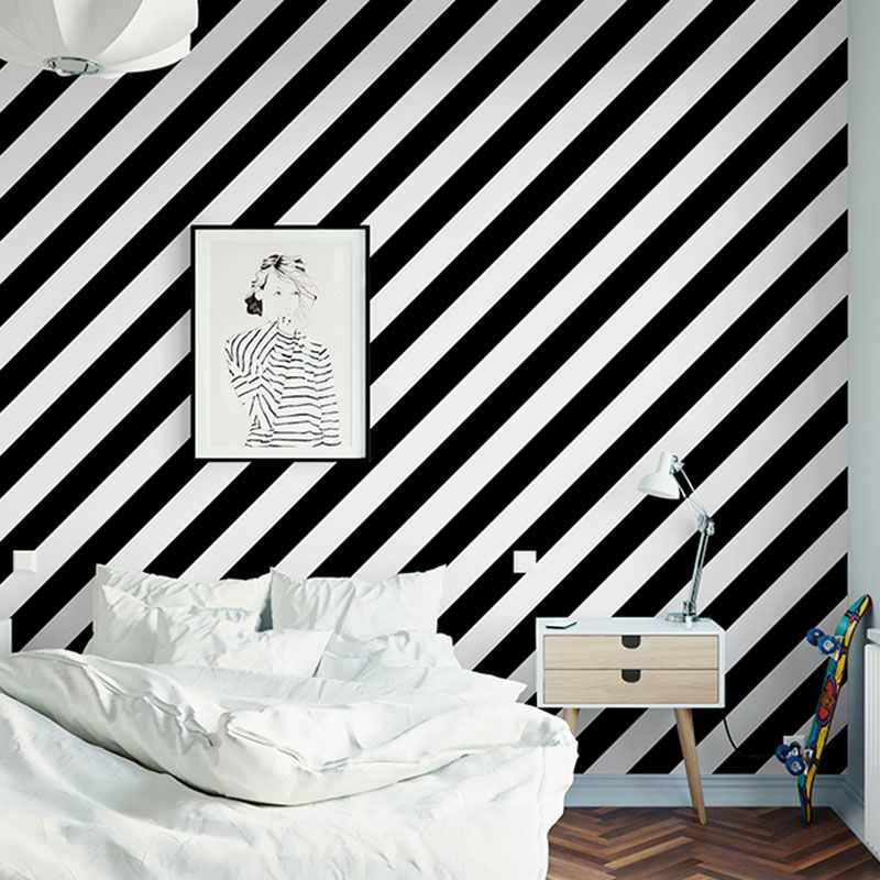 33' x 20.5" Nordic Wallpaper Roll for Accent Wall with Diagonal Stripe in Black and White