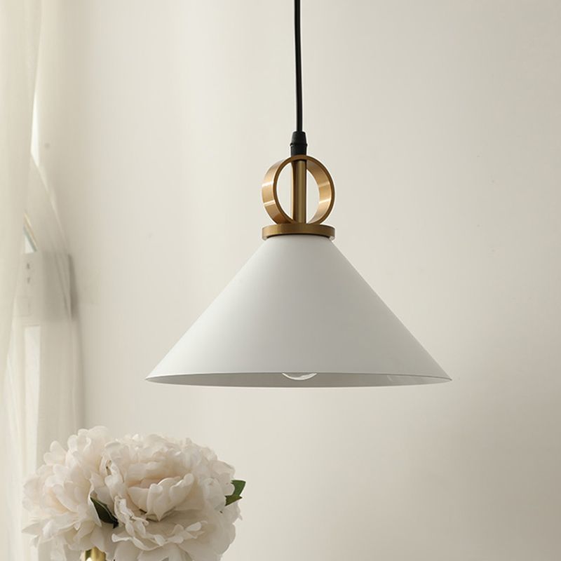 Conical Dining Table Suspension Light Metal 1 Head Minimalist Pendant Lamp in White with Ring Knob