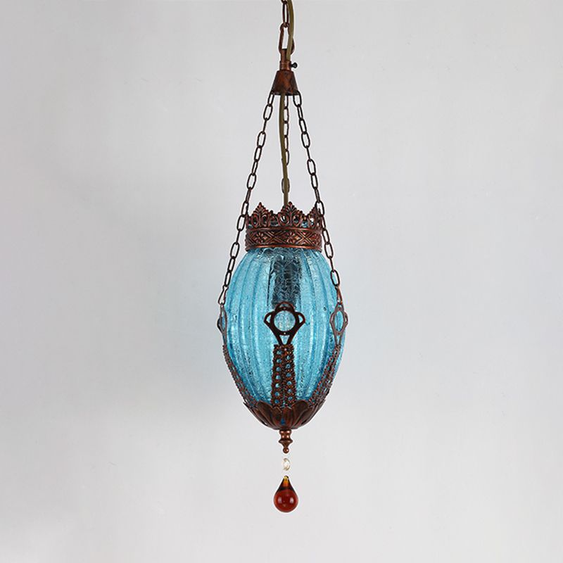 Moroccan Oval Pendant Light Fixture 1 Light Red/Yellow/Blue Textured Glass Suspension Lamp for Dining Room