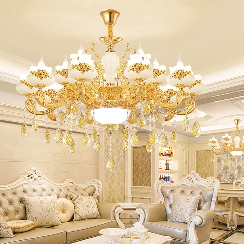 Opaken Glas Bud Deckenbeleuchtung traditionelles Wohnzimmer Kronleuchter Licht mit Kristalldrapieren in Gold