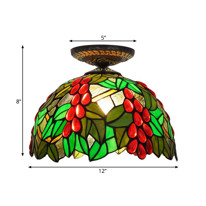 12"/16.5" W Victorian Domed Flush Ceiling Light 1 Light Stained Glass Lighting Fixture in Brass with Grape Pattern
