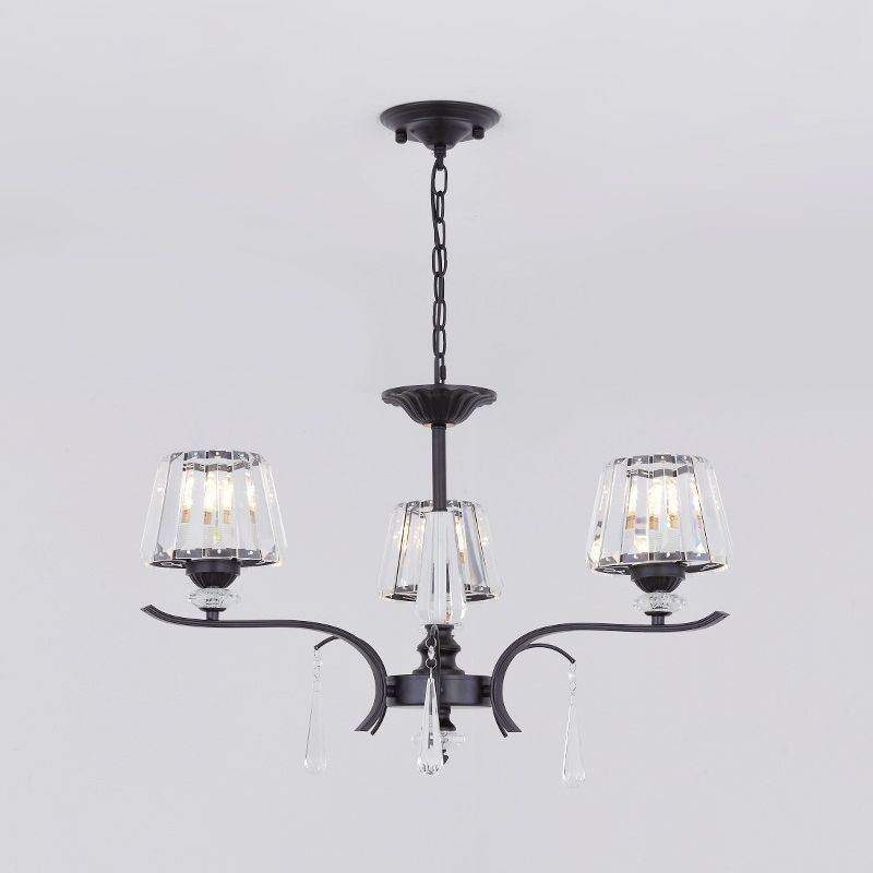 Crystal Block Cone Chandelier Modernism 3/6-Bulb Bedroom Ceiling Suspension Lamp in Black