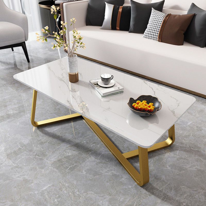 Glam Slate Coffee Table Rectangle Coffee Cocktail Table with Cross Legs
