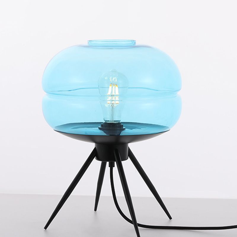 Round Bedside Small Desk Lamp Smoke Gray/Amber/Blue Glass 1 Light Modern Style Reading Book Light in Black with Tripod