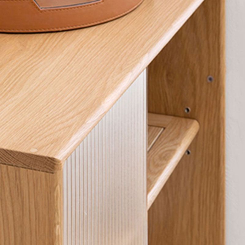 Natural Solid Wood Grooves Glass Paned Living Room Accent Cabinet with Shelves