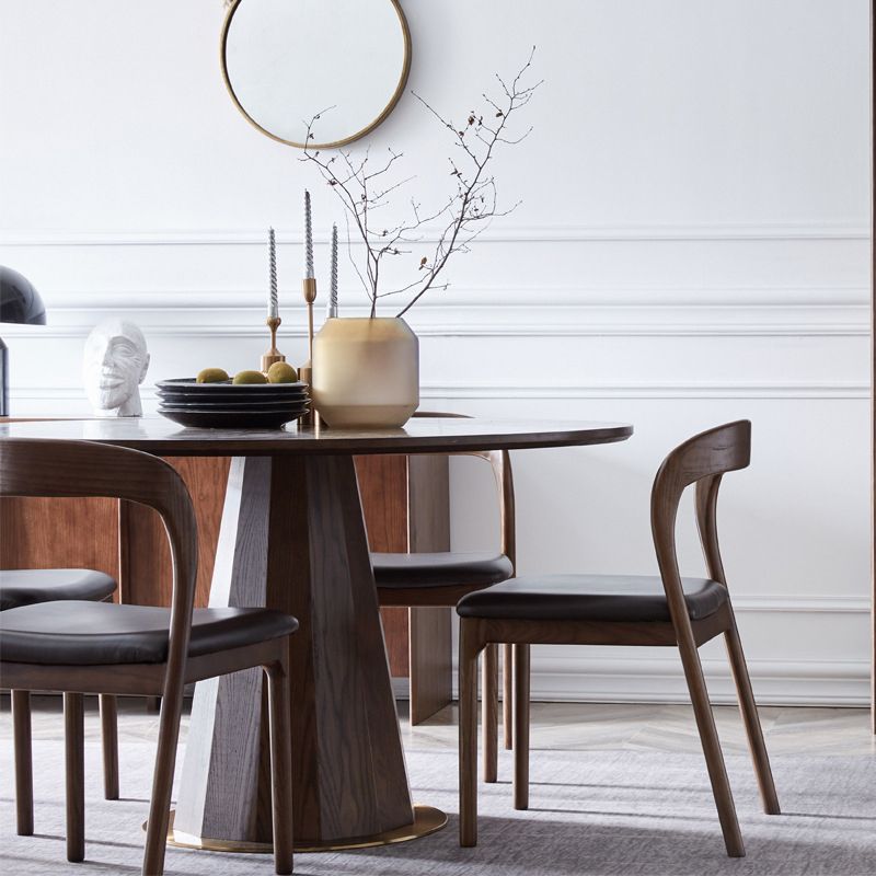 Contemporary Round Dining Room Table Brown Pine Wood Pedestal Table