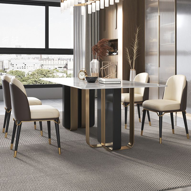 Mesa de comedor rectangular de piedra sinterizada de lujo para interiores con pedestal doble
