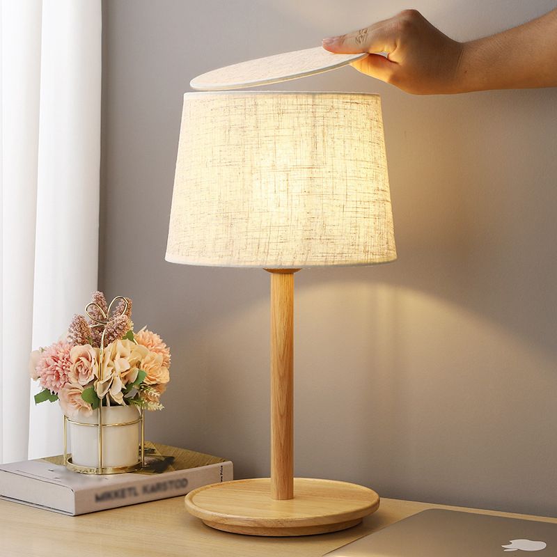 Geometric Table Light Modern Fabric Single Wood Nightstand Lamp in Beige for Bedroom
