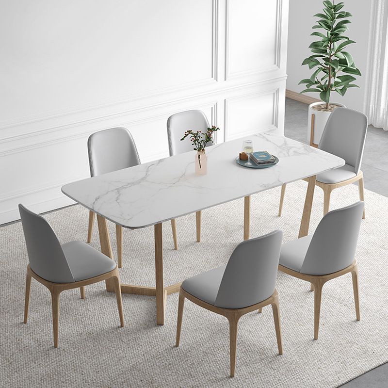 Contemporary Dining Table Set  with Solid Wood Table and PU Leather Chairs