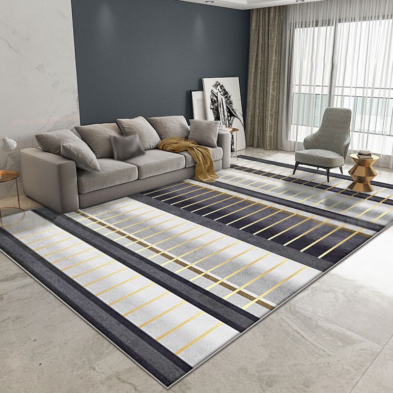 Black Modern Rug Polyester Striped Pattern Rug Pet Friendly Washable Non-Slip Area Rug for Living Room