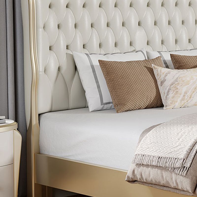 Contemporary White Bed with Upholstered Headboard in Victorian Style Leather Wood