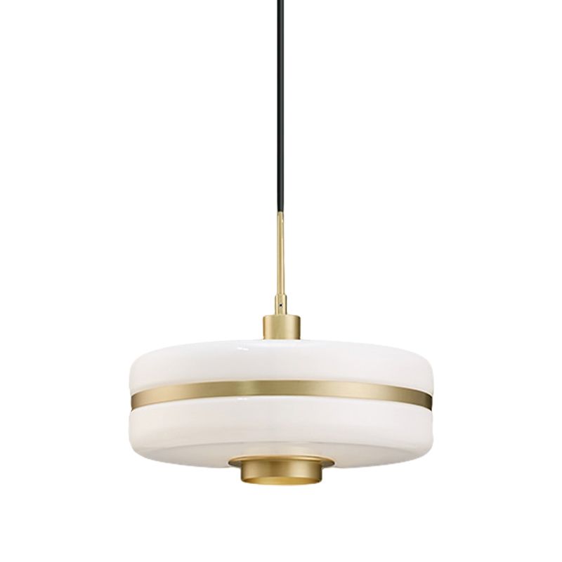 White Glass Drum Pendant Ceiling Light Modern 1 Light Gold Suspension Light for Living Room