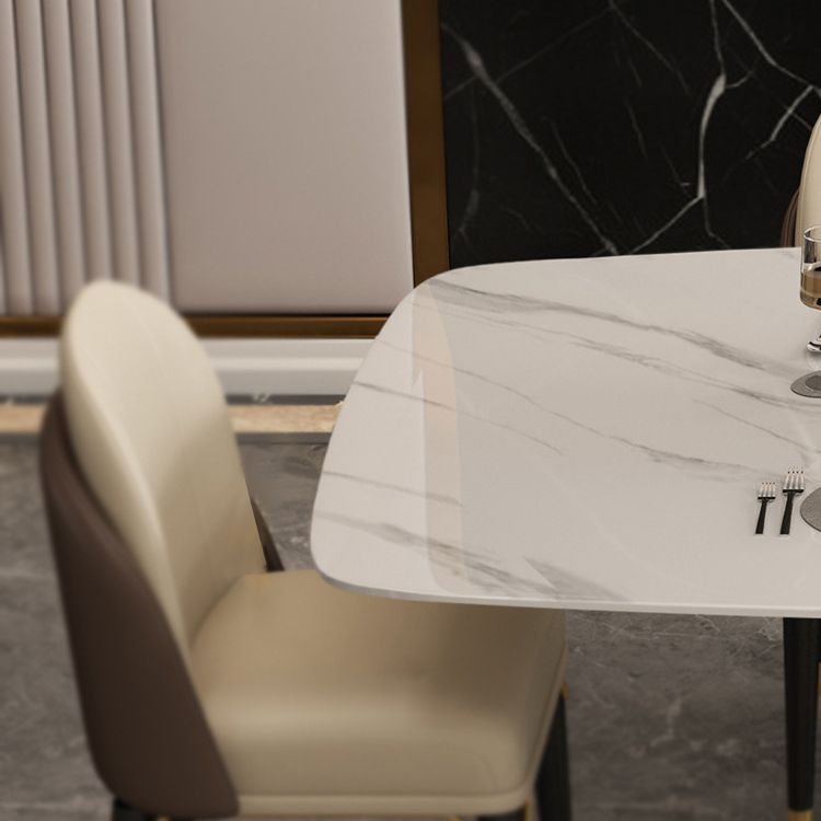 Table à manger rectangulaire de luxe traditionnelle, en pierre frittée blanche, avec socle doré