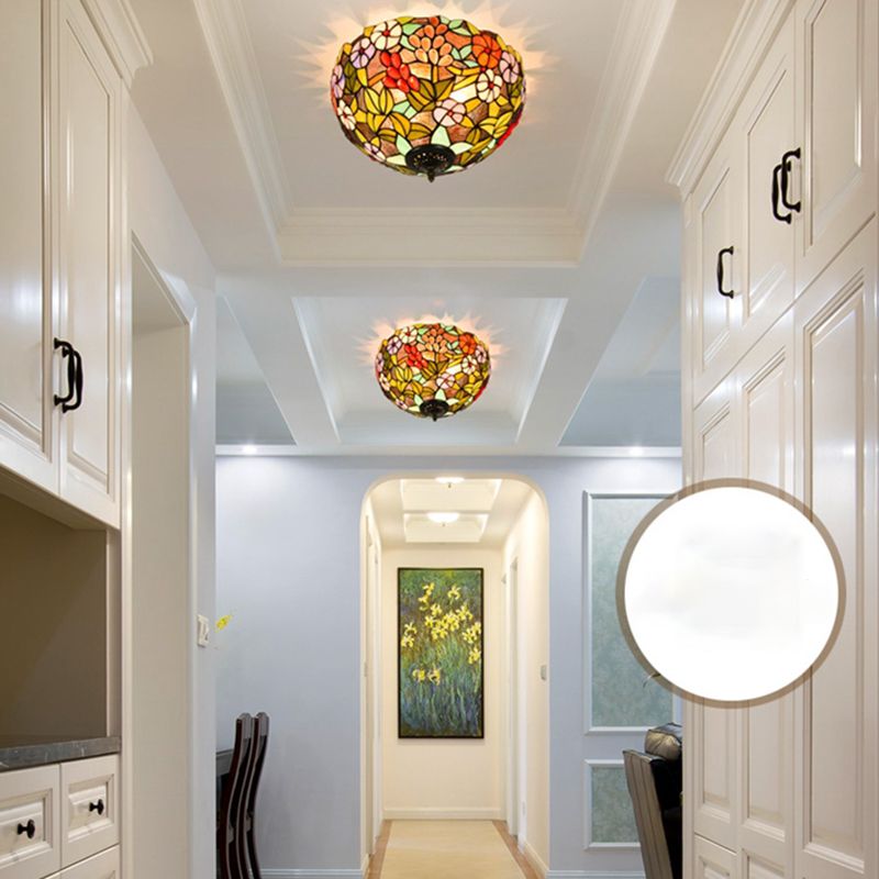3 Lights Ceiling Fixture Tiffany Style Glass Flush Mount Lamp