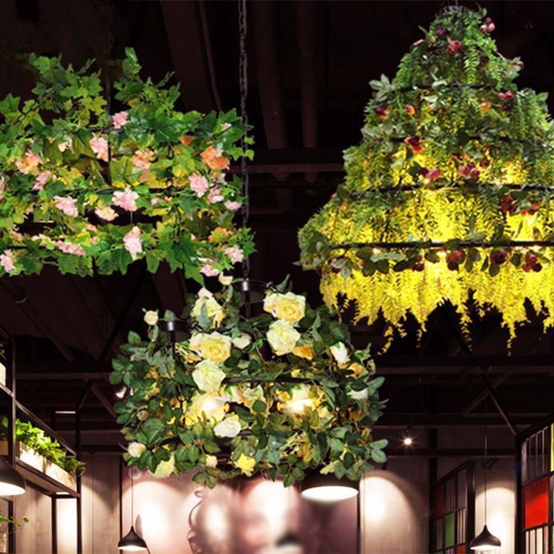 Vintage Geometric Ceiling Lighting Metal Chandelier Light Fixture with Artificial Plant