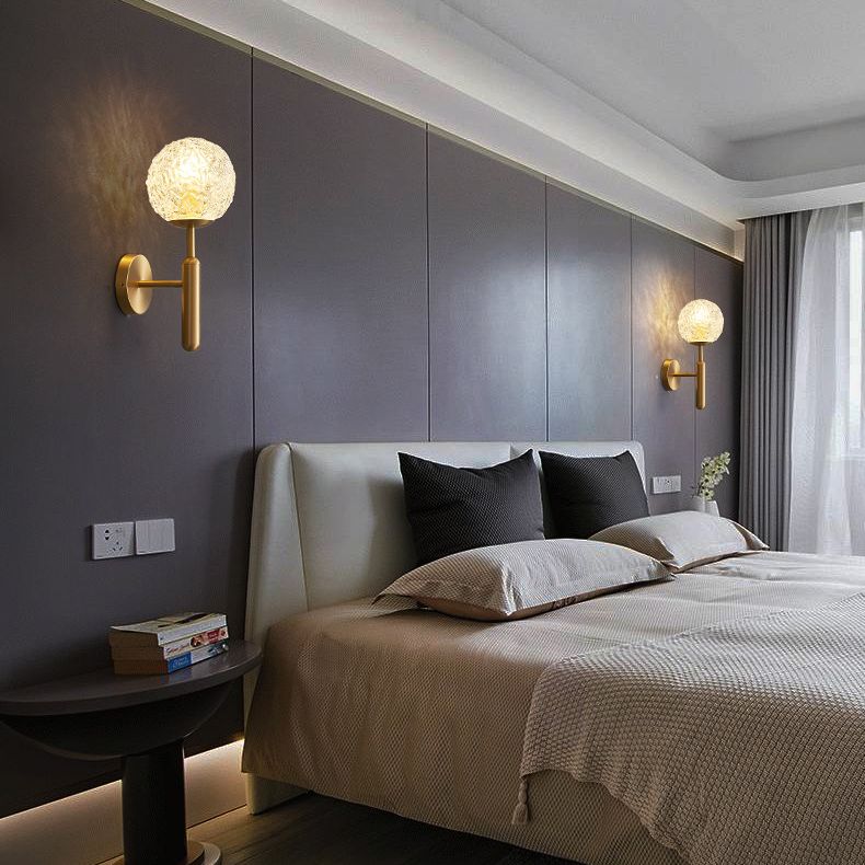 Gold Globe Hanging Wall Sconce in Modern Artistic Style Copper Indoor Wall Lamp with Ripple Crystal Shade