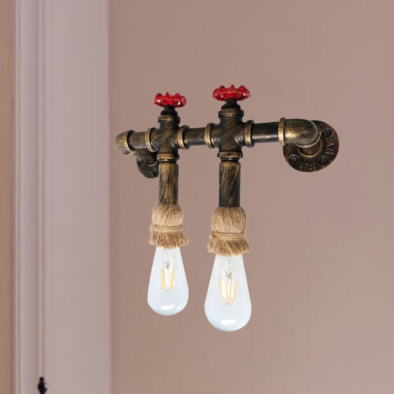 Antique Brass 2-Head Sconce Lighting Industrial Metal Water Pipe and Valve Wall Mount Lamp with Rope Top