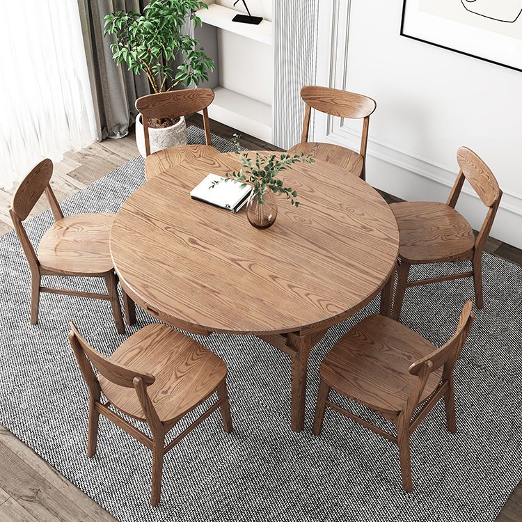 Extendable Ash Wood Dining Table for Restaurant Modern Brown Round Table with 4 Legs