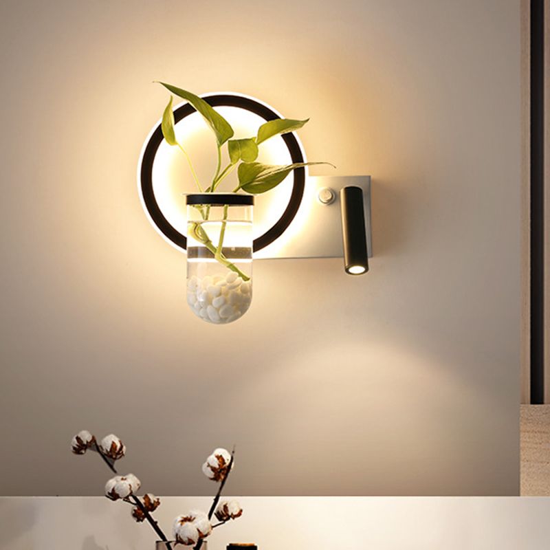 Round/Square Bedroom Sconce Light Industrial Clear Glass LED Black Wall Lighting in Warm/White Light