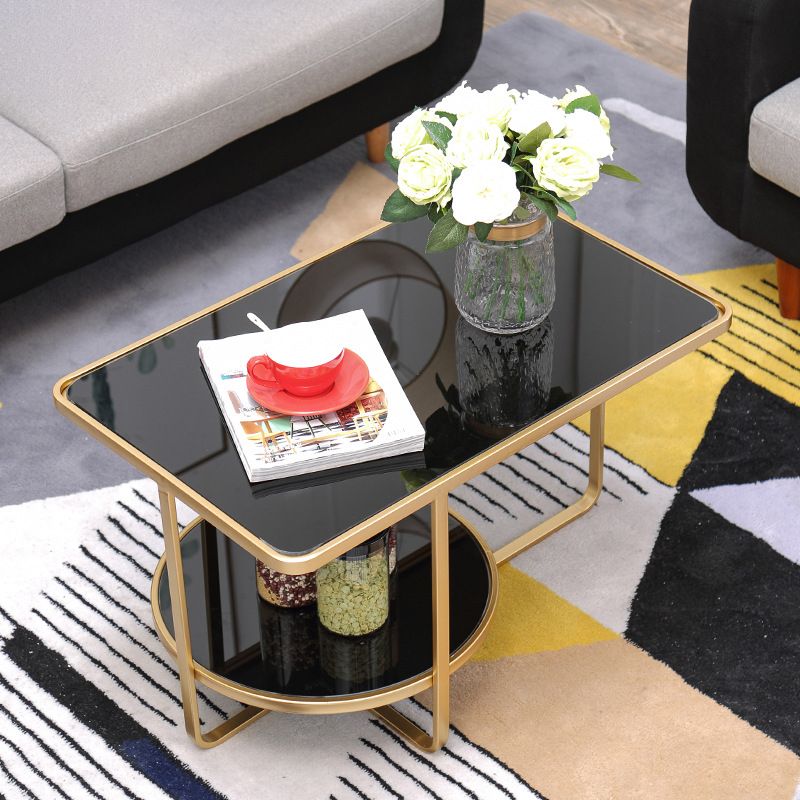 Contemporary Rectangle Glass Top Coffee Table with Shelf and Cross Legs