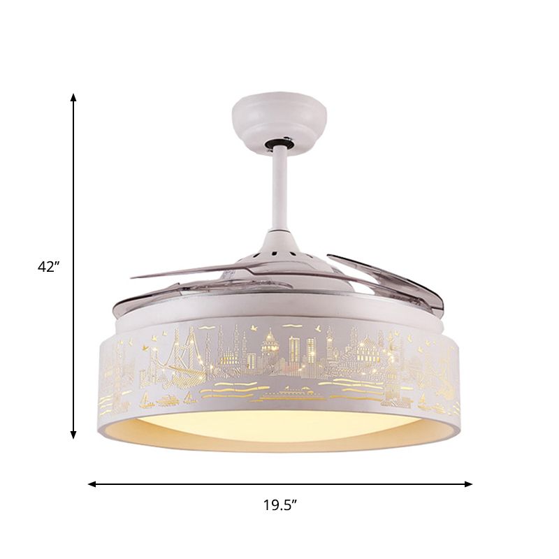 Round Hanging Fan Light Kids Metal LED White Semi Flush Mount with 3 Clear Blades, 19.5" Wide