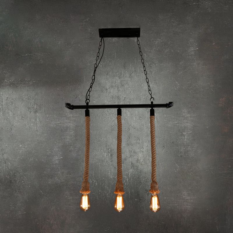 Black Indoor Island Pendant Light in Industrial Vintage Style Wrought Iron Ceiling Light with Hemp Rope