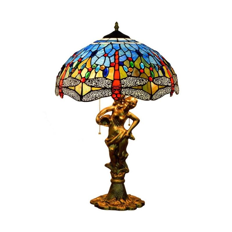 Dragonfly Cabochons Embedded Table Light 3-Light Yellow/Orange/Blue Glass Tiffany Nightstand Lamp with Pull Chain