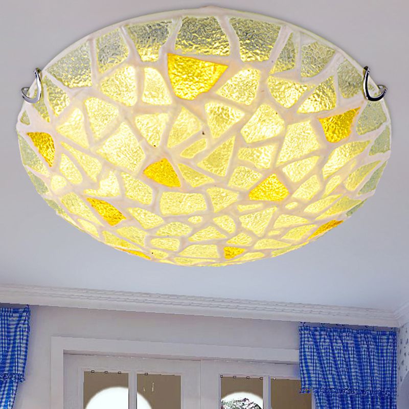 Handcrafted Glass Yellow Ceiling Lamp Dome Shaped Mediterranean Style Flush Mount Light for Bedroom