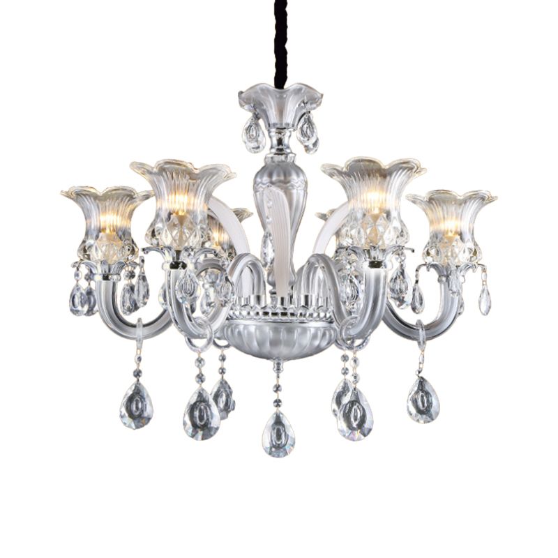 Silver Lampada il lampadario da 6/8 Luci Light Lampada a filo in vetro a costola trasparente con goccia di cristallo