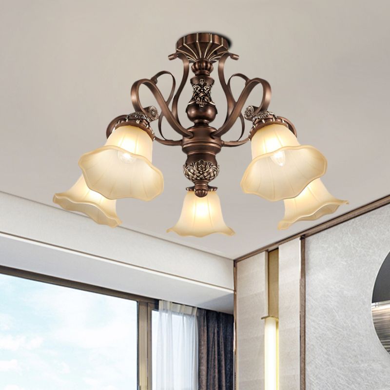 5/6/8 Lights Floral Shade Semi Flush Light Countryside Brown Opal Glass Close to Ceiling Lamp for Living Room