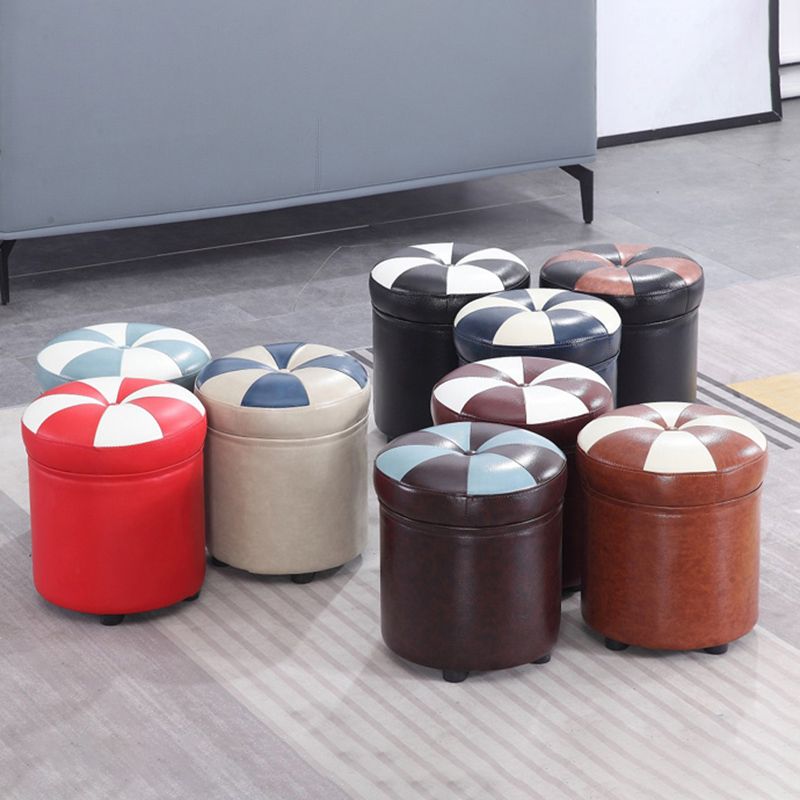 Modern Pouf Ottoman Faux Leather Tufted Geometric Printed Cylinder Shape Ottoman
