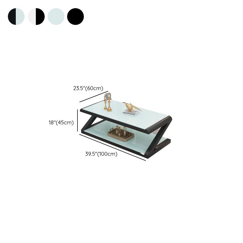 17.7"H Rectangle Glass Coffee Table Steel Abstract Base Cocktail Table with Shelf