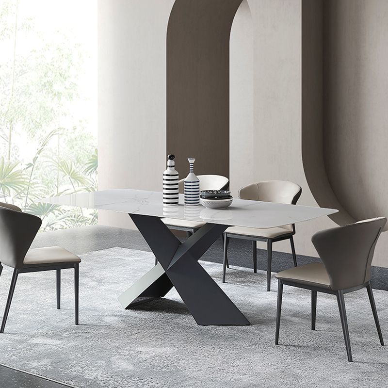 Industrial Sintered Stone Dining Table Single Pedestal Base Rectangle Table for Home