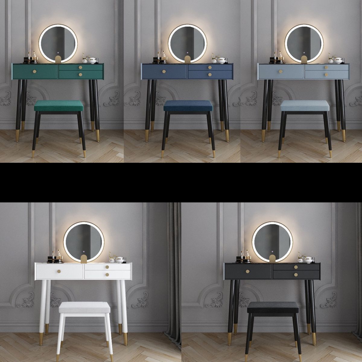 Scandinavian Lighted Mirror Makeup Vanity Desk in Wood Vanity Dressing Table Set