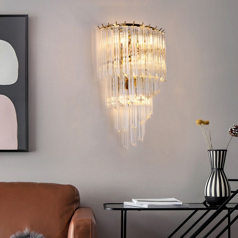 Gold Stagger Wall Lamp in Modern Artistic Style Electroplate Iron Wall Light with Crystal Shade