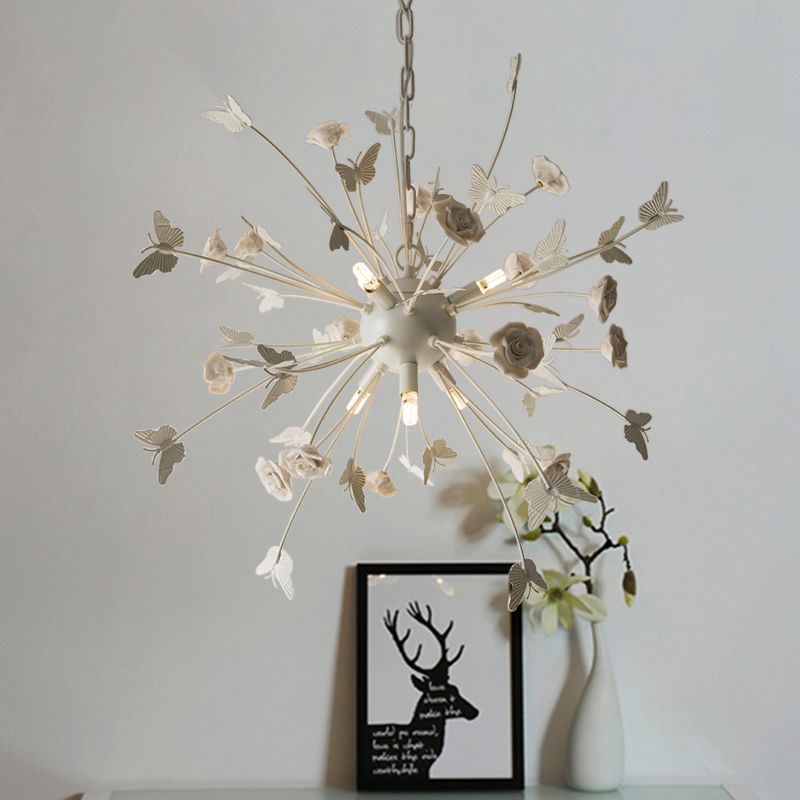 Metal Flower Chandelier Lamp Minimalism LED White-Silver Pendant Lighting Fixture with Adjustable Chain