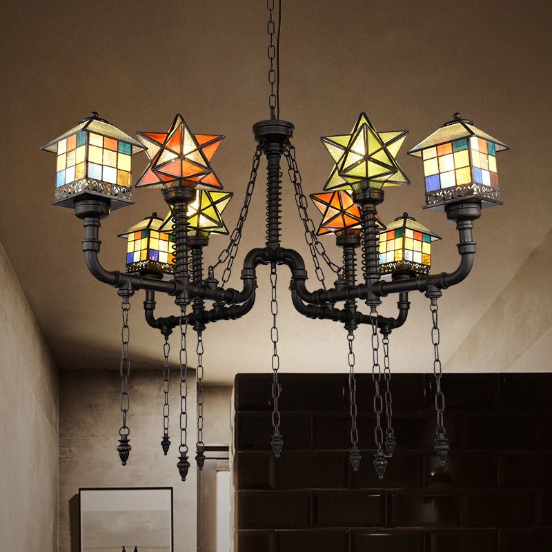 Gebrandschilderd glazen kroonluchter met huis en ster rustiek antiek hangende plafondlicht voor woonkamer