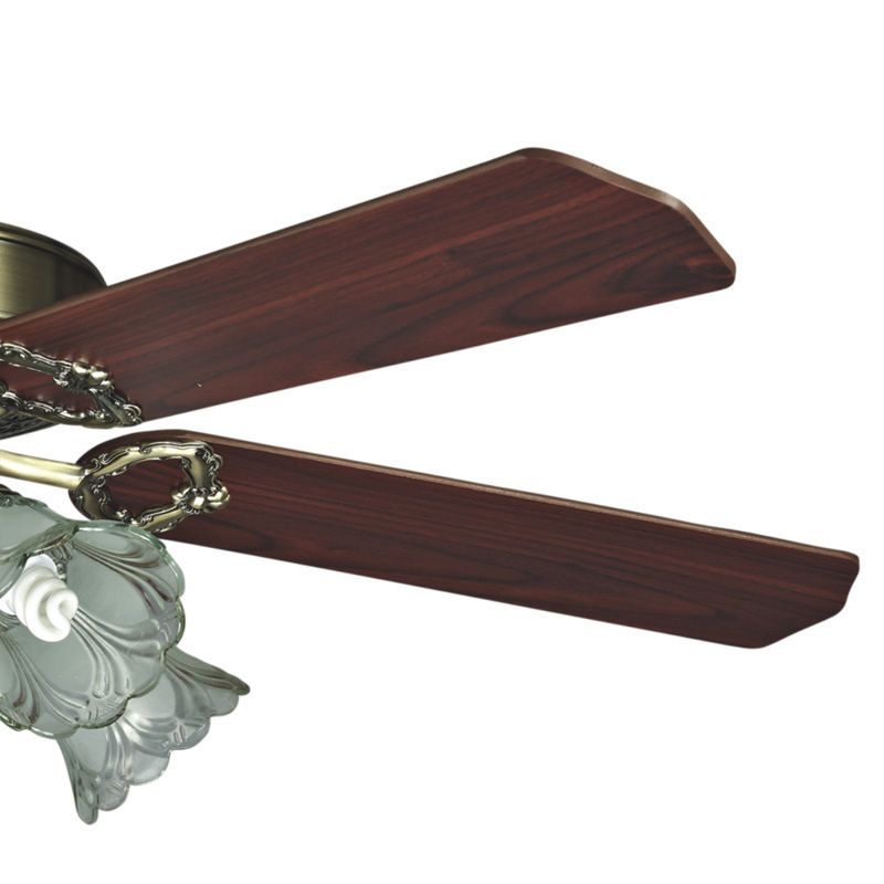 4-blade retro bloemige schaduw plafondventilator licht 5 bollen 52 "w rookgrijs glas semi-montage verlichting met trekketting