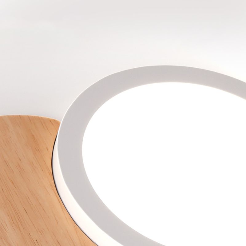 White Round Flush Light Modern Wood LED Ceiling Light Fixture for Bedroom