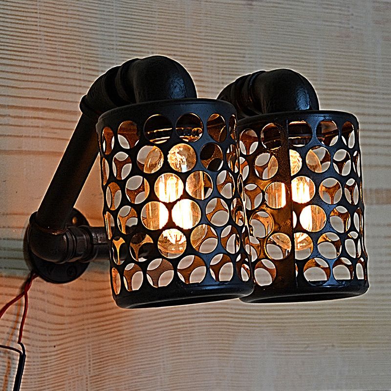 2 Lights Cylinder Sconce Farmhouse Black Finish Metallic Wall Mount Pipe Lamp with Hollow-Out Design