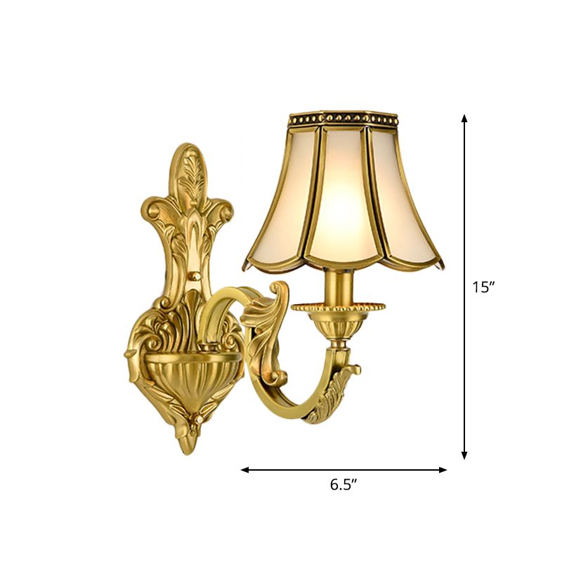 1/2 Light Flared/Bell Wall Mounted Light Traditional Polished Brass Frosted Glass Wall Sconce Lamp