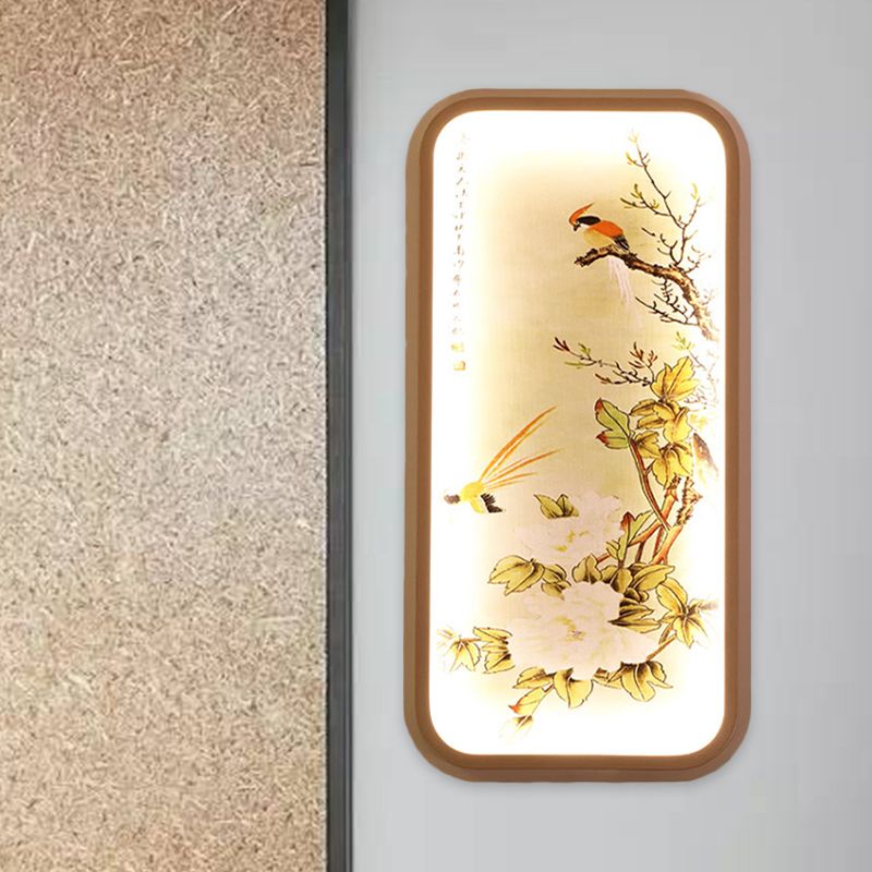 Fabric Rectangle Leaf and Bird Mural Light Chinese Style LED Yellow Wall Mount Light